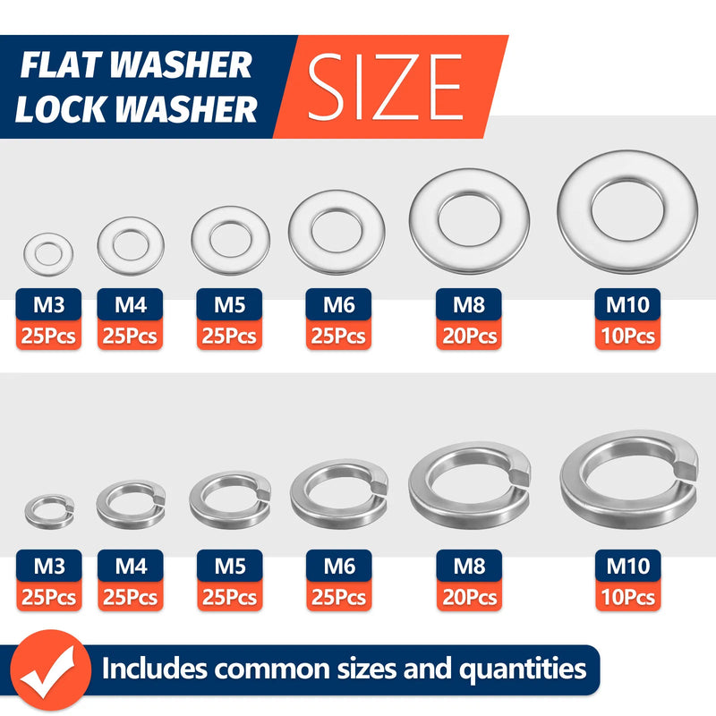 260pcs Lock and Flat Washer Assortment Kit Stainless Steel M3 M4 M5 M6 M8 M10 Spring Lock Washers and Flat Washers Set