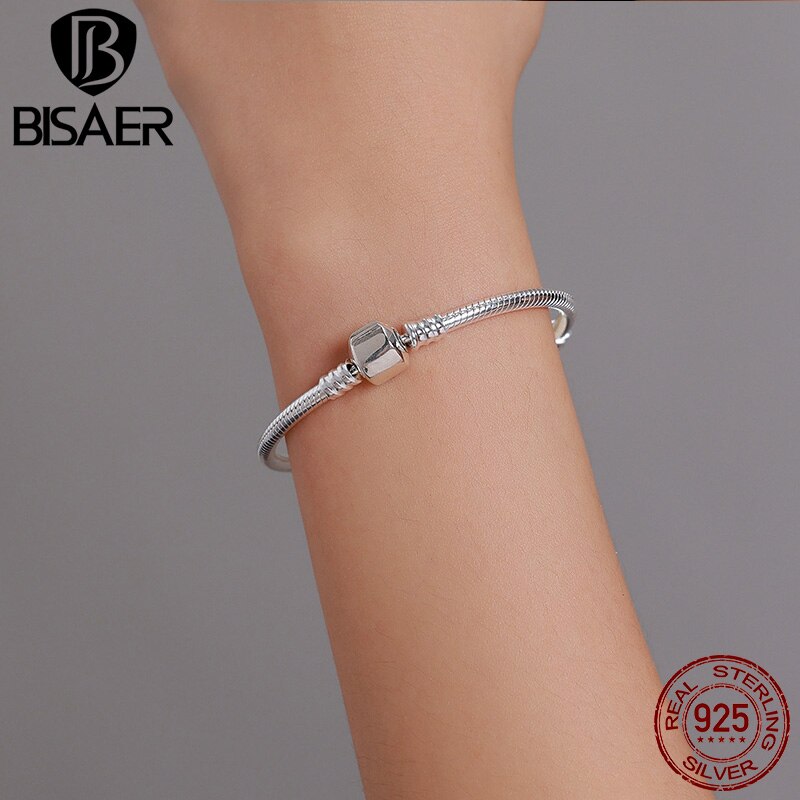 BISAER 100% 925 Sterling Silver Classic Snake Bracelet Personalized Charm Bracelets For Women Luxury Fine Jewelry WEUS902