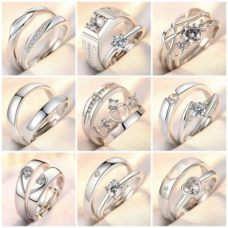 2Pcs/sets Zircon Heart Matching Couple Rings Forever Endless Love Wedding Adjustable Ring for Women Men Charm Valentine's Day