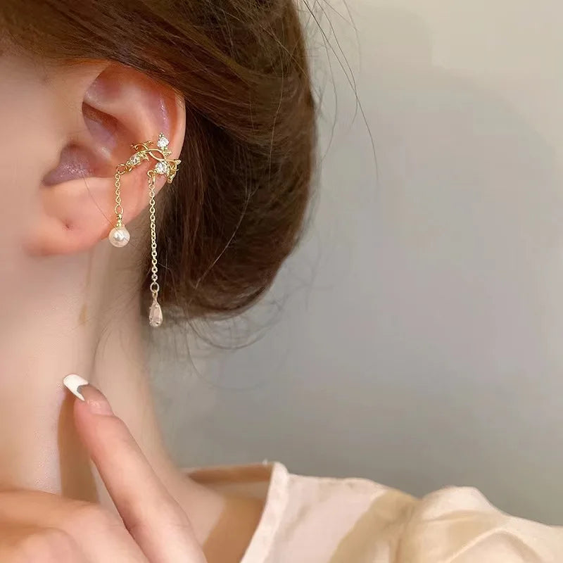 Gold Silver Color Leaves Ear Cuff Without Piercing Ear Clips Set Leaves Earrings for Women Trendy Earring Pearl Drop Jewelry