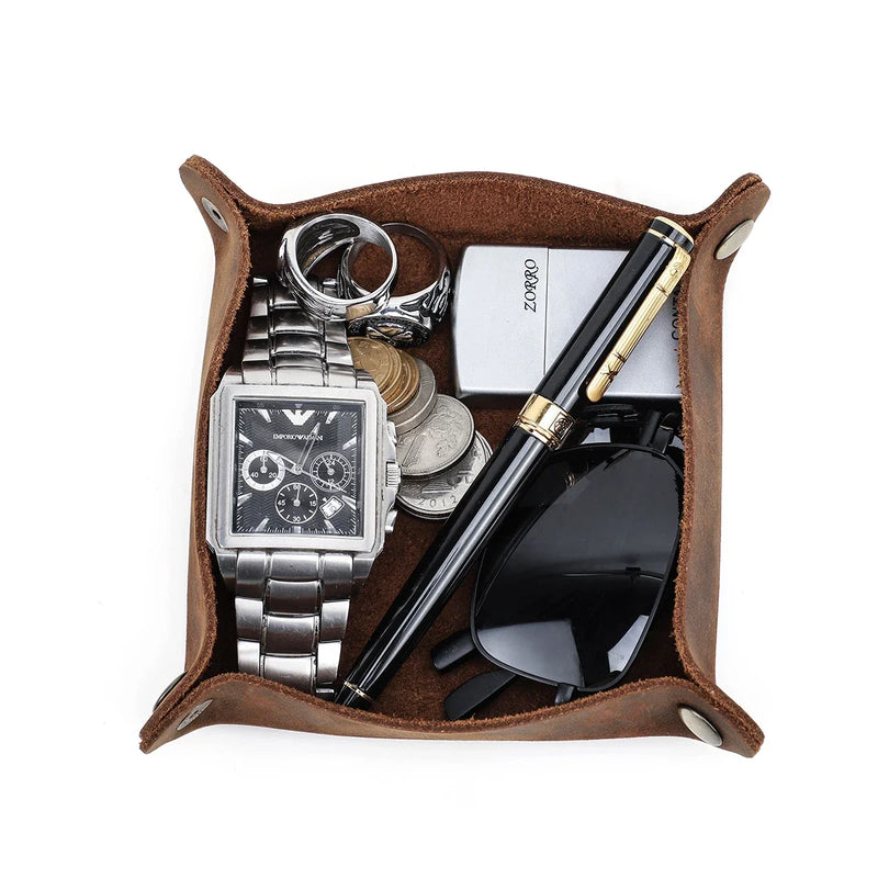 Creative Genuine Leather Valet Snap Tray Home Ofiice Desk Organizer Jewelry Pen Key Coin Desktop Storage Tray Folding Storage