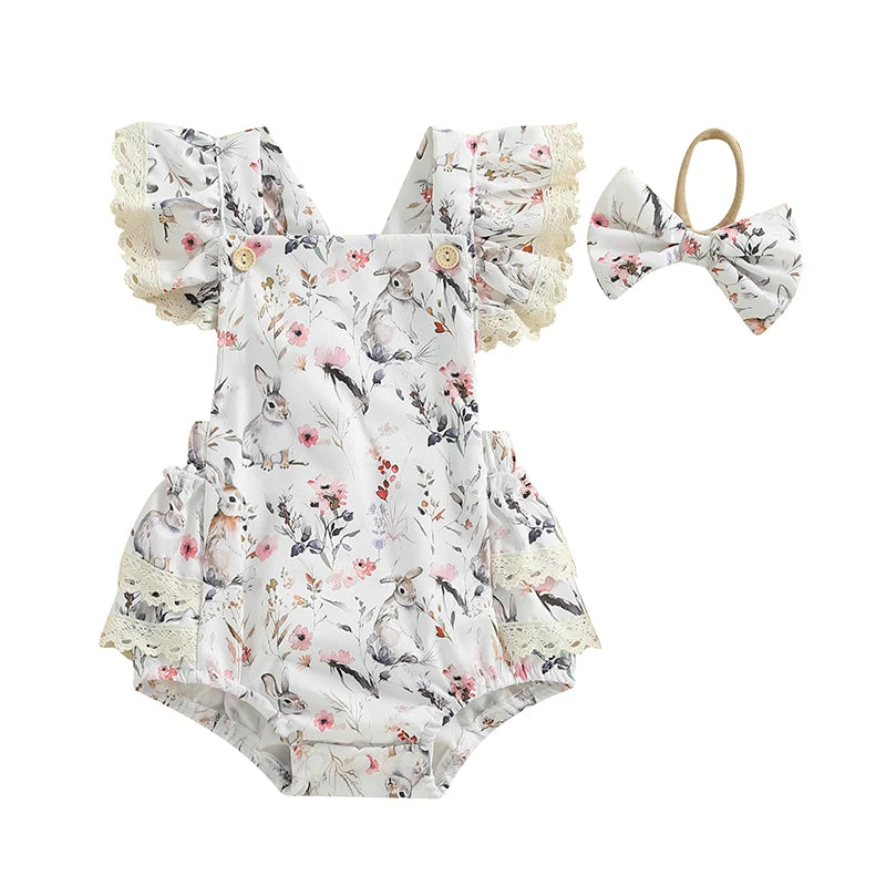 Toddler Girls Floral Bunny Print Lace Trim Flutter Sleeve Romper with Bow Headband Easter Outfit Set 2 Pieces