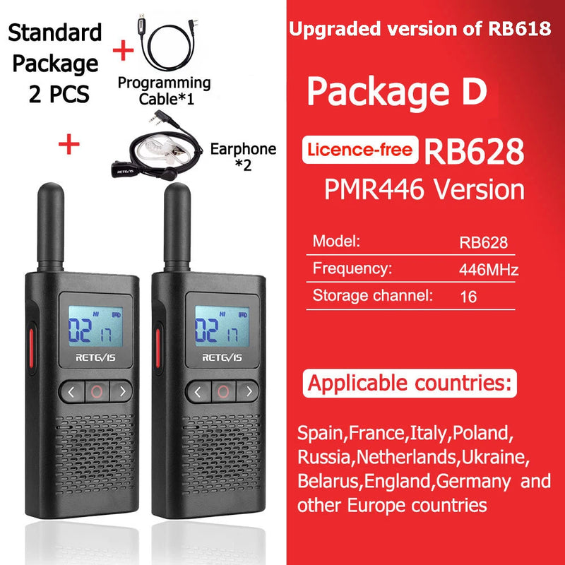 Retevis RB628 Walkie Talkie Rechargeable 1500mAh Portable Two-way Radios Large LCD Screen Emergency For Hunting Camping(2 Pcs)