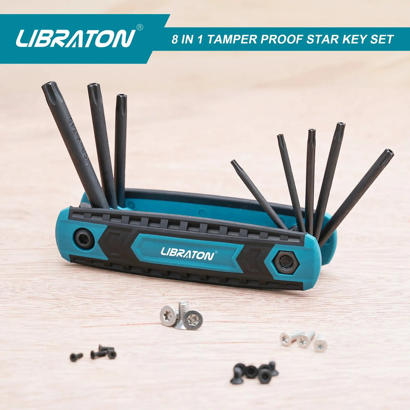 Libraton 8 in 1 Tamper Proof Star Key Set (Folding) Security Torx Key Set Sizes Include T-9 to T-40, CR-V Steel Metric