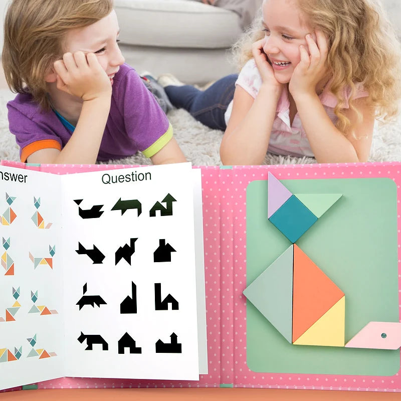 Wooden Jigsaw Magnetic Tangram Puzzle Book Educational Toys For Children Baby Kid Portable Montessori Learning Intelligence