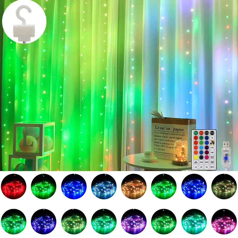 New RGB 16 Color-changing Curtain Light Remote Control Christmas Decoration for Bedroom Fairy Holiday Garland Navidad  Decor