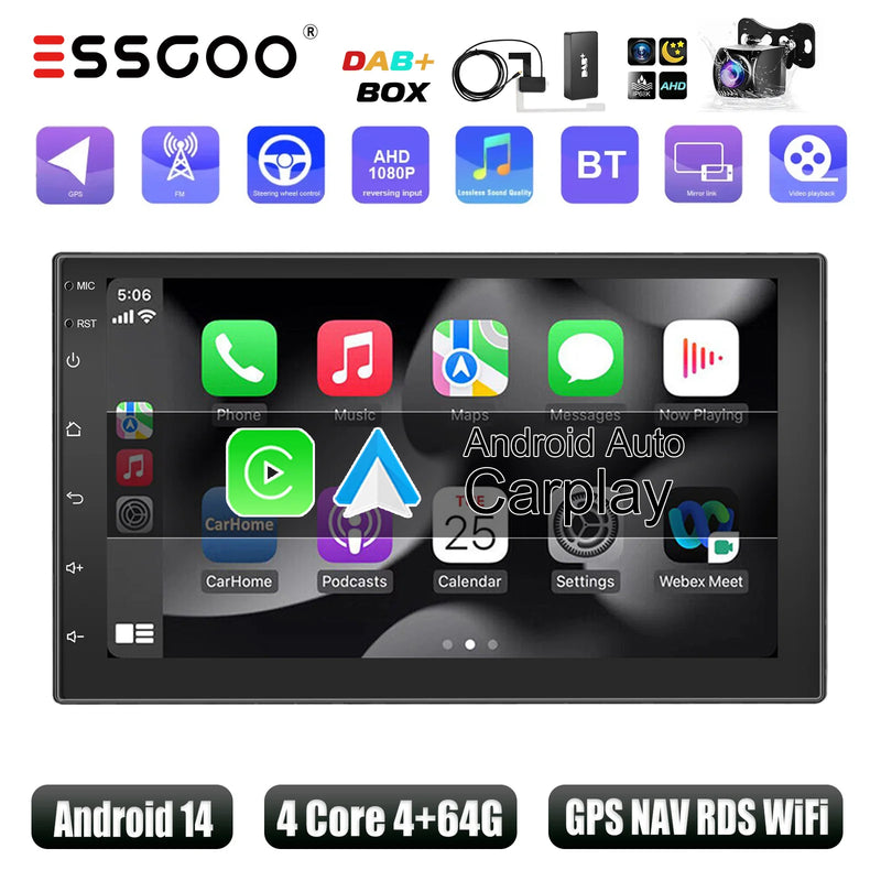 ESSGOO Car Stereo Radio Wireless CarPlay Android Auto 2 DIN 7" Car Stereo HD FM-Radio GPS Touch Screen Head Unit 4+64G DAB+ AHD