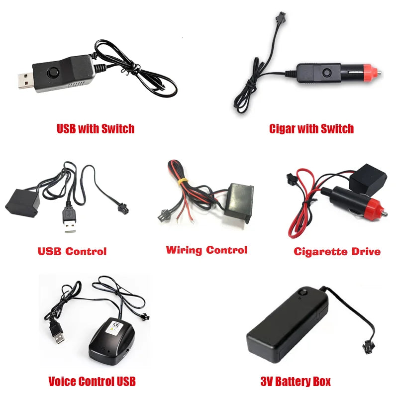 Car Interior Decorative Adapter 5V USB Driver Switch Wiring voice control 3V Battery Box Cigarette Drive EL Wiring Neon Strip