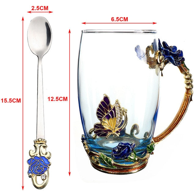 Enamel Transparent Glass Coffee Tea Mug Blue Roses Heat-Resistant Cup Set with Stainless Steel Spoon Coaster and Wipe Cloth