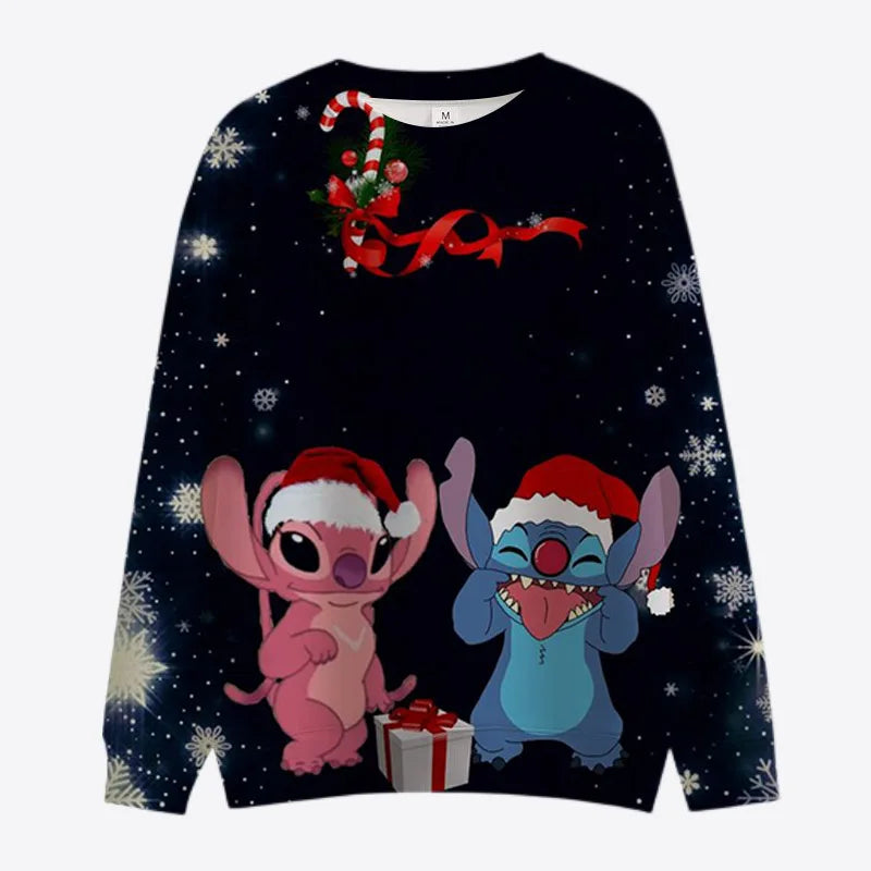 New Merry Christmas Disney Stitch and Mickey Minnie Fall Harajuku Crew Neck Casual Women's Long Sleeve Sweatshirt Ladies Top Y2K