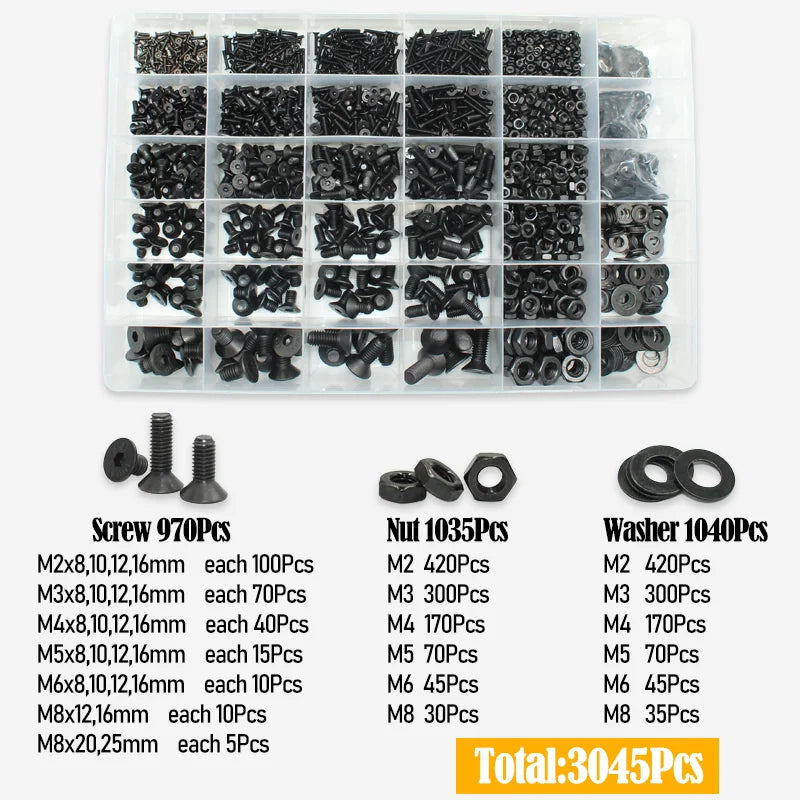 3045p Black Flat Head Socket Cap Screw Countersunk Bolts Nuts Washers Kit M2 M2.5 M3 M4 M5 M6 M8 10.9 Grade Alloy Steel DIN 7991