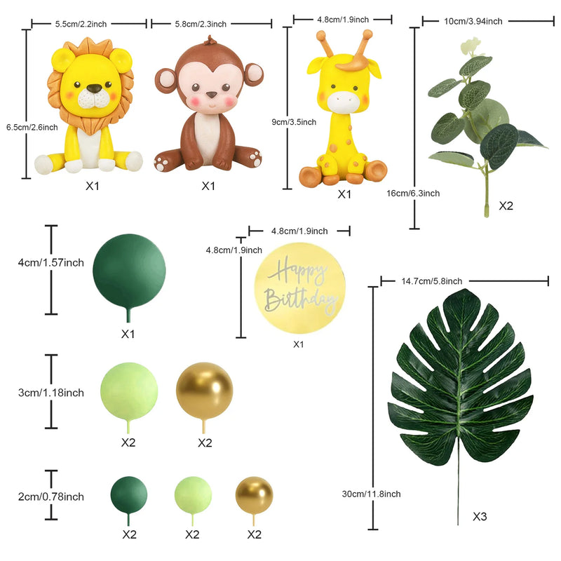 Colourful Balls Plam Leaves Cake Decoration Jungle Safari Animal Cake Topper  for Girls Boys Wild Theme Birthday Party Supplies