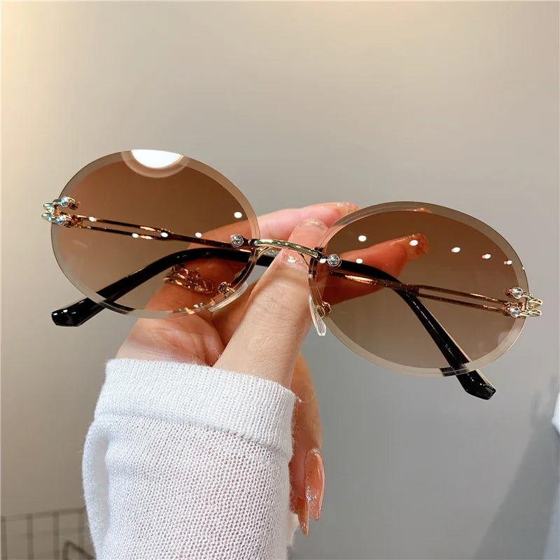 Trendy Sunglasses For Woman Summer Rimless Cut-edge Sunglass Oval Fashion Brand Designer Shades Pink Women's Sun Glasses UV400
