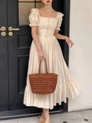 Elegant Women's Square Neck White Dress Summer French Fashion Bubble Sleeves with Ruffle Edge Women Unique Retro Long Dress New
