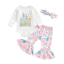 Adorable Baby Girl Easter Outfits with Cute Bunny Print Long Sleeve Romper Flare Pants and Matching Headband - 3 Piece Set