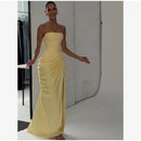The Aurelian | Butter Yellow Mesh Strapless Pleated Evening Gown