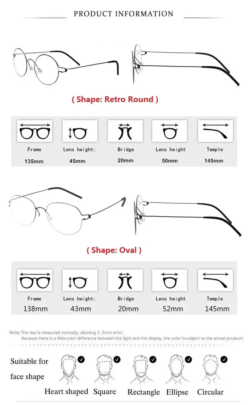 Denmark Brand Designer Screwless Eyeglasses Round Oval Air Titanium Rim Glasses Frame Ultralight for Men Women Eyewear All Match