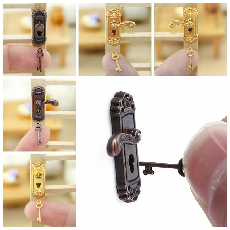 Doll House Retro Style Metal Toy Mini Furniture Pull Dollhouse Lock Key Set Brass Knobs Miniature Door Handles