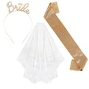 3tlg. Hochzeit Verlobung Party Brautdusche Dekorationen Zubehör Braut Tiara Krone Schärpe Schleier Set Junggesellinnenabschied Gastgeschenke