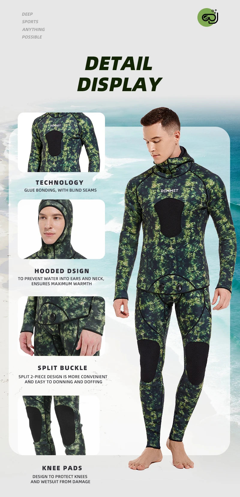 3mm/5mm Spearfishing Wetsuit Camouflage Open Cell Neoprene Free Diving Suit 2-Piece Fullsuit Mens Hooded Snorkeling Suits