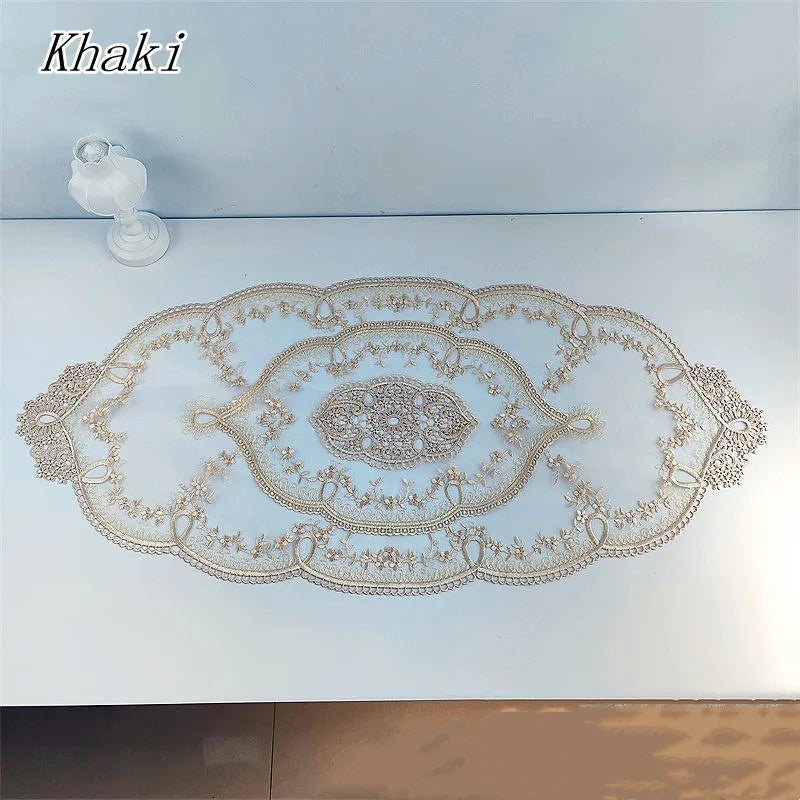 Luxury European Oval Lace Embroidered 4 Colors Tablecloth Table Mat Set Hotel Banquet Villa Party Furniture Christmas Decoration