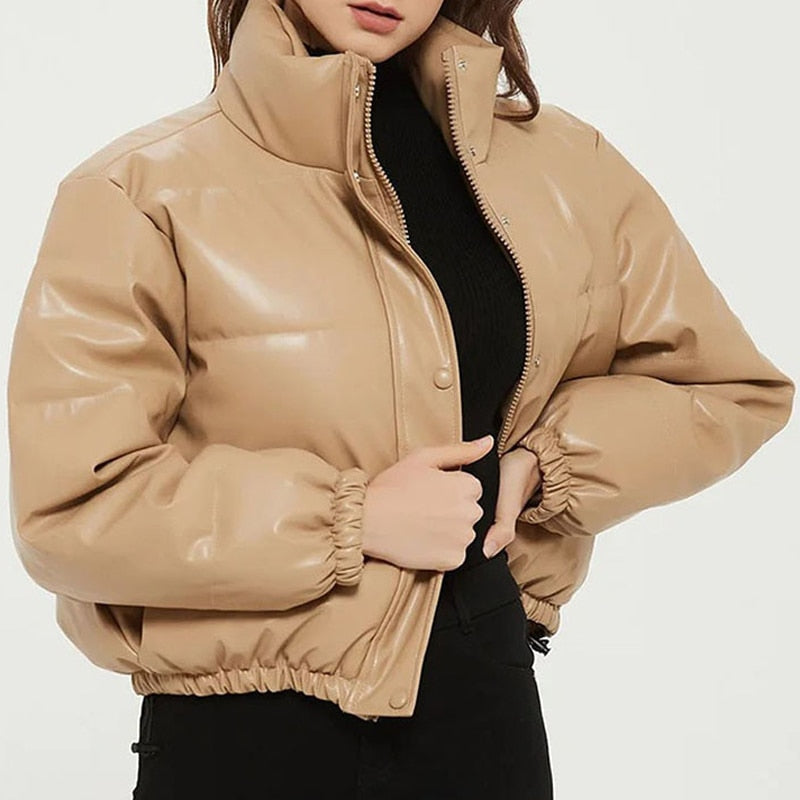 Zoki Winter Thick Women Short Parkas Warm Fashion PU Leather Coats Black Cotton Padded Female Down Jacket Elegant Zipper Clothes