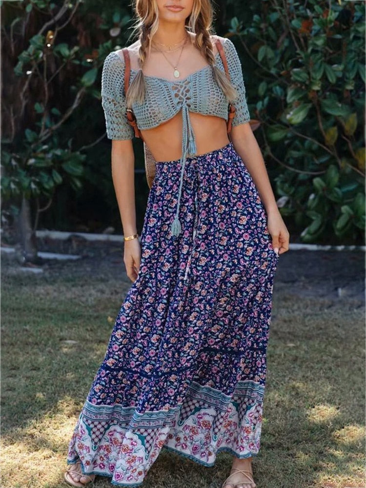 High Waist Long Skirts Womens Boho A-line Full Skirt Floral Print Drawstring Lace-Up Maxi Clothes White 2022 Summer Red Bohemian