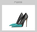 New Blue Black Serpentine Fine Heel, Pointed Shallow Mouth Splicing, Sexy and Versatile Women's High Heels