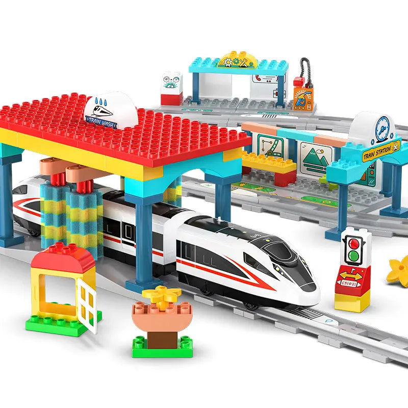 Big Size Building Blocks Train Railway Transport Set Track Parts Electric Locomotive DIY Assemble Interaction Toys For Children