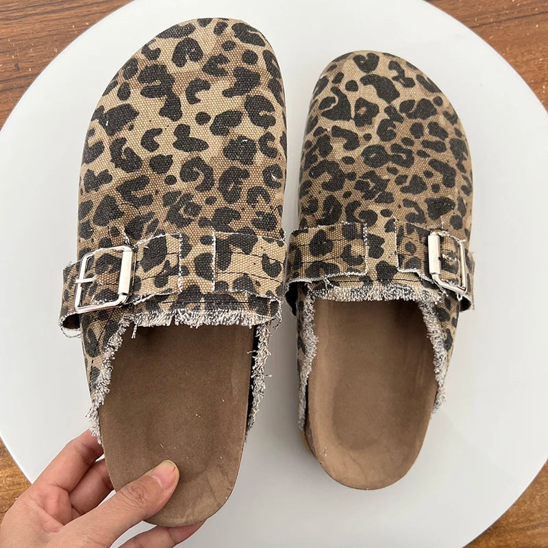 2024 Spring New Classic Women's Closed Toe Cork Sandals Slippers Ladies Leopard Cork Slippers Camo Mule Clogs Shoes Flats