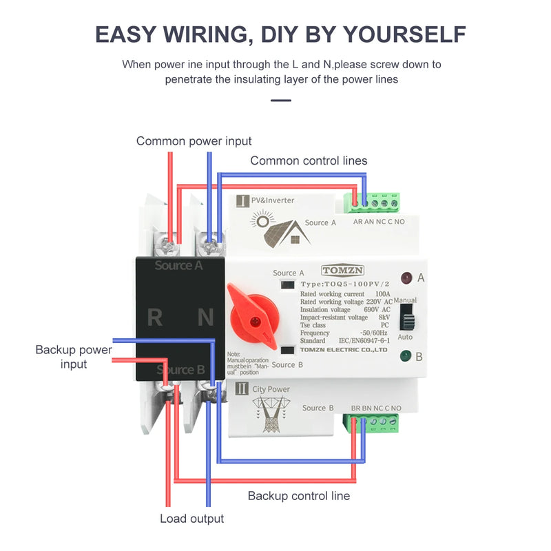 TOMZN Single Phase Din Rail ATS for PV inverter Dual Power Automatic Transfer Selector Switches Uninterrupted 2P 63A 100A 125A