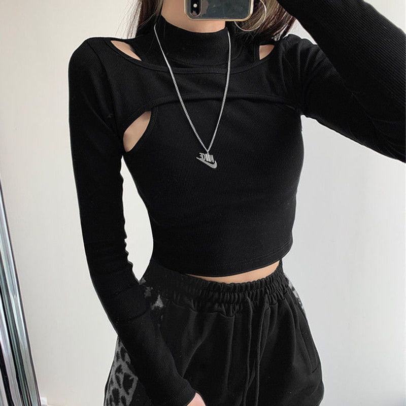 Hollow Knitted Crop Tops Women New Fitness Fake Two-piece T-shirt Female Black White Long Sleeve Tops