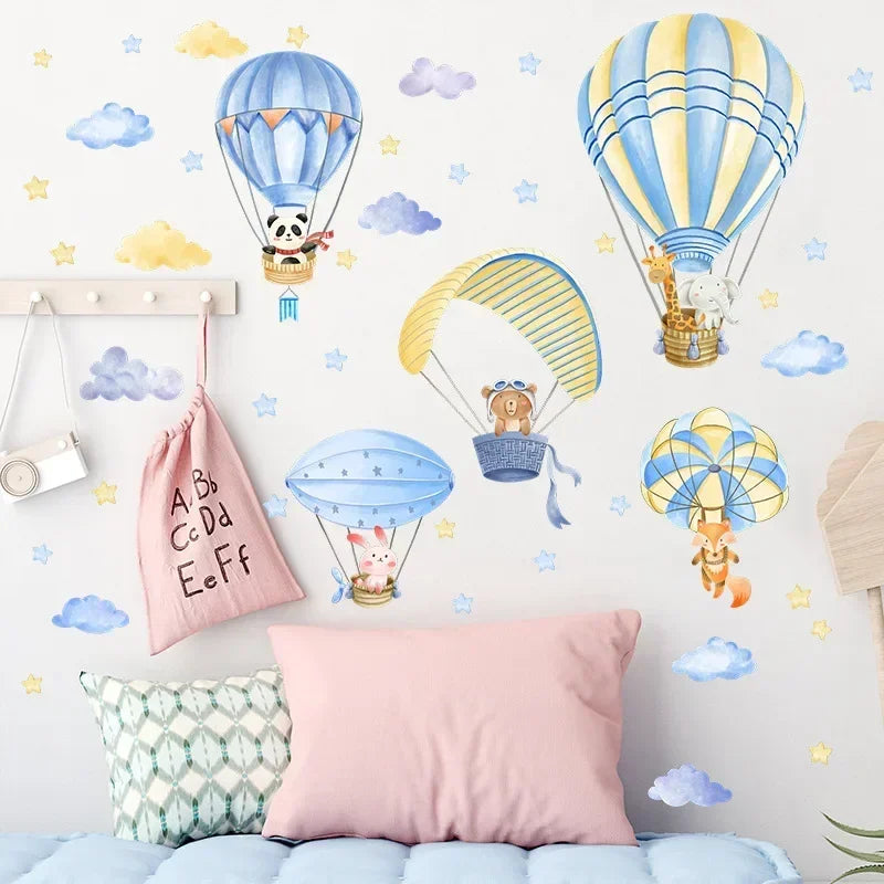 Blue Watercolor Animals Hot Air Balloon Wall Stickers for Kids Room Baby Nursery Room Wall Decor Wall Decals Boy Room Stickers