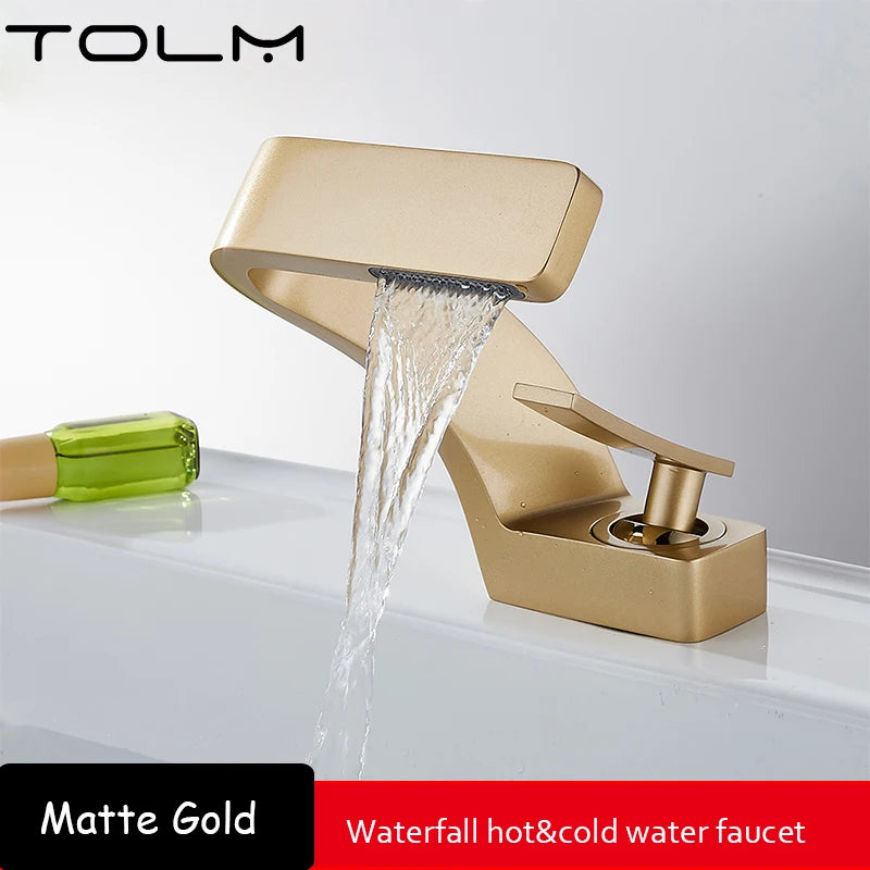 TOLM Brass Black Gold Basin Faucet Bathroom Sink Faucets Hot Cold Water Mixer Crane Deck Mounted Single Handle Hole Bath Kitchen
