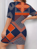 Fashion new casual ladies dress print pattern short-sleeved slim round neck dress ladies spring and autumn short dress