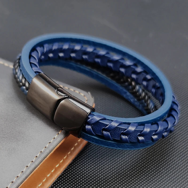 Braided Rope Woven 4 Layers Blue Leather Men Bracelets Punk Style Stainless Steel Bangle for Friend Charm Fashion Jewelry Gifts