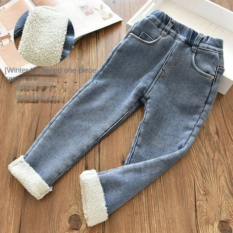 2-13 Years Toddler Baby Winter Jeans Children Thick Velvet Warm Denim Pants for Girls Slim Leggings Kids Blue Fleece Trousers