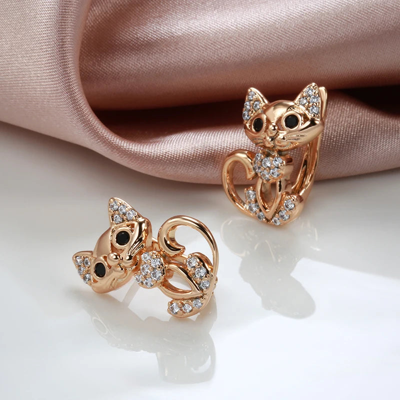 Kinel New 585 Rose Gold Cute Cat Earrings for Women Micro Wax Inlay Natural Zircon Earring Fashion Birthday Party Girl Jewelry