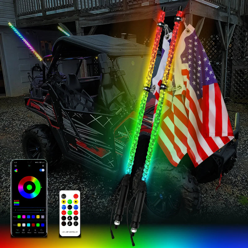 2PCS 3/4FT Bluetooth and Remote Control Colorful Spiral LED Whip Lights Lighted Antenna Whips for ATV Polaris RZR Flagpole Lamp