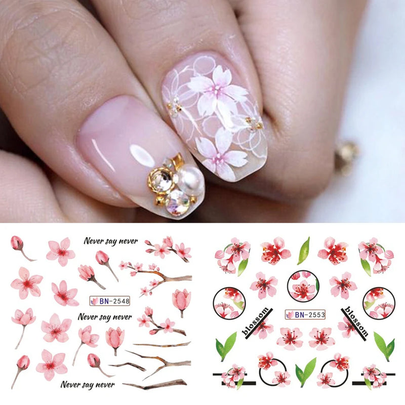 12 Design Sakura Flower Nail Water Stickers Pink Cherry Blossoms Nail Slider Decal Floral Leaves DIY Spring Manicure Decoration