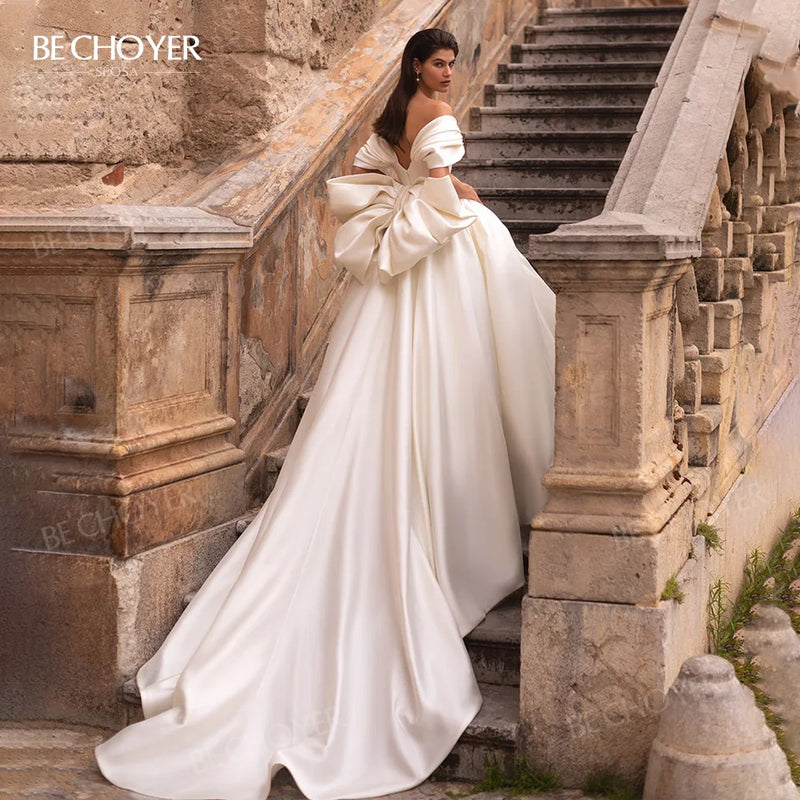 Wedding Dress 2 In 1 Bow Sleeveless Bride Gown 2024 Sweetheart Satin A-Line Court Train Princess BECHOYER EL201 Vestido de Noiva