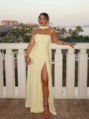The Aurelian | Butter Yellow Mesh Strapless Pleated Evening Gown