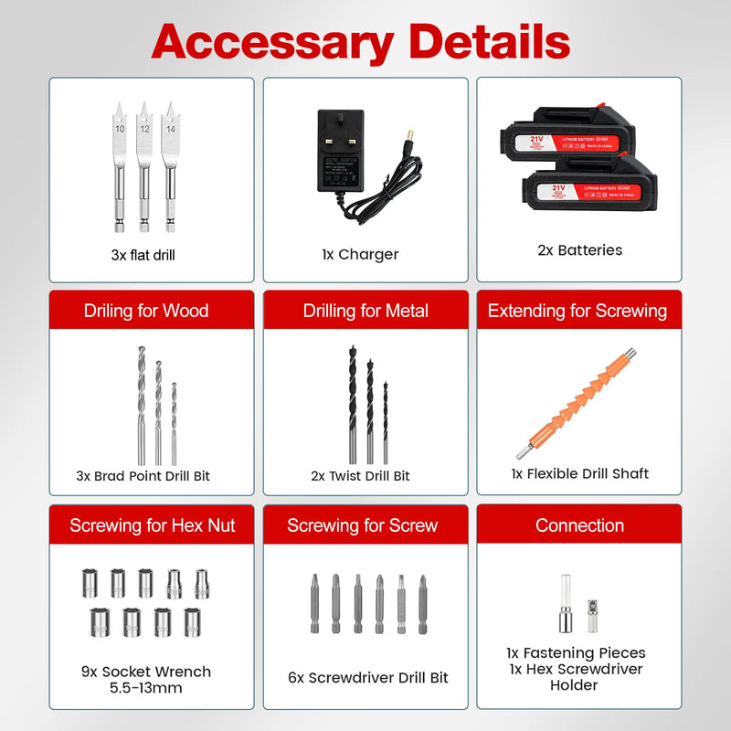 Drill/Cordless Screwdriver with 2 batteries 21 V, drill 42 Nm couple, 25 + 1 couple levels, LED light, 2 speeds