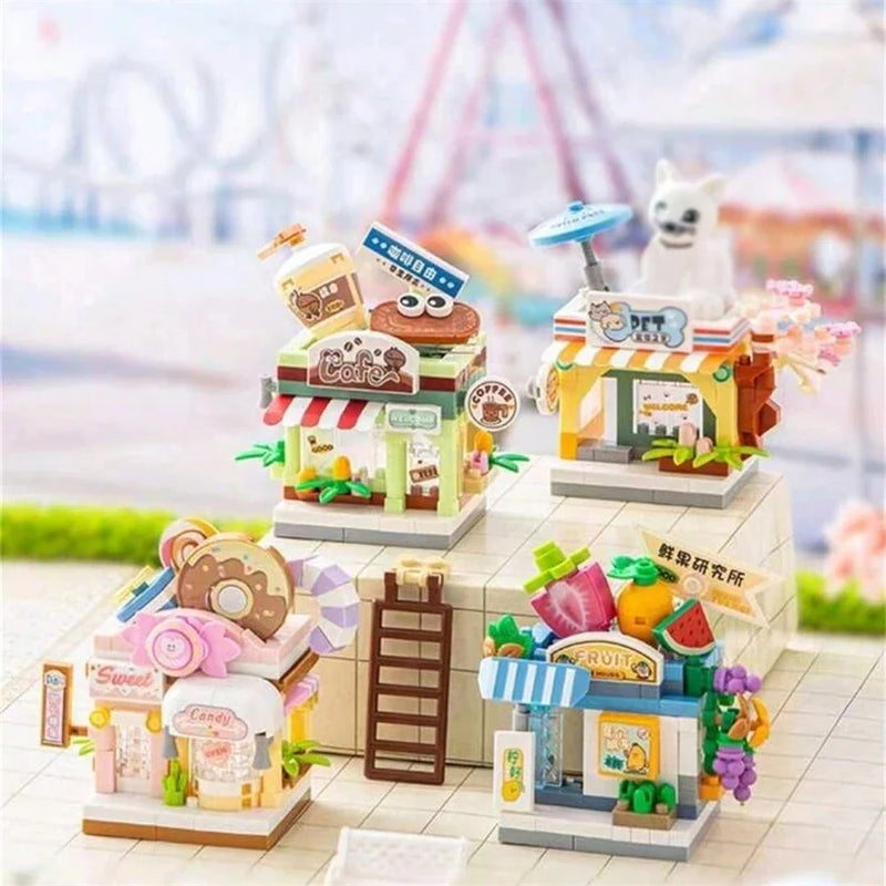 NEW Restaurant Dessert Coffee Pet Fruit Store Street View Food House Building Blocks Kit Girls Bricks Model Kids Toy Children