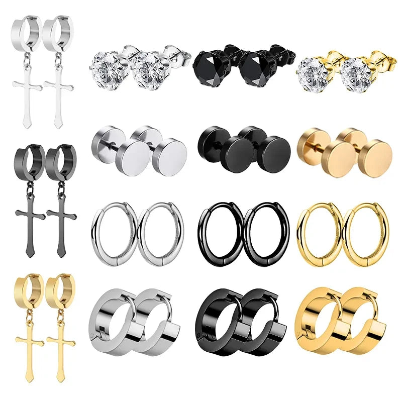 1 Pairs Punk Multiple Stainless Steel Stud Earrings Men Women Gothic Cross Round Street Pop Hip Hop Ear Stud Piercing Jewelry