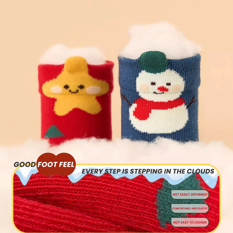 4Pairs 1-8YearsJunior In tube Sock Cartoon Reindeer Christmas Gifts Joyful Red Soft and Comfortable High Elasticity Sock Breatha