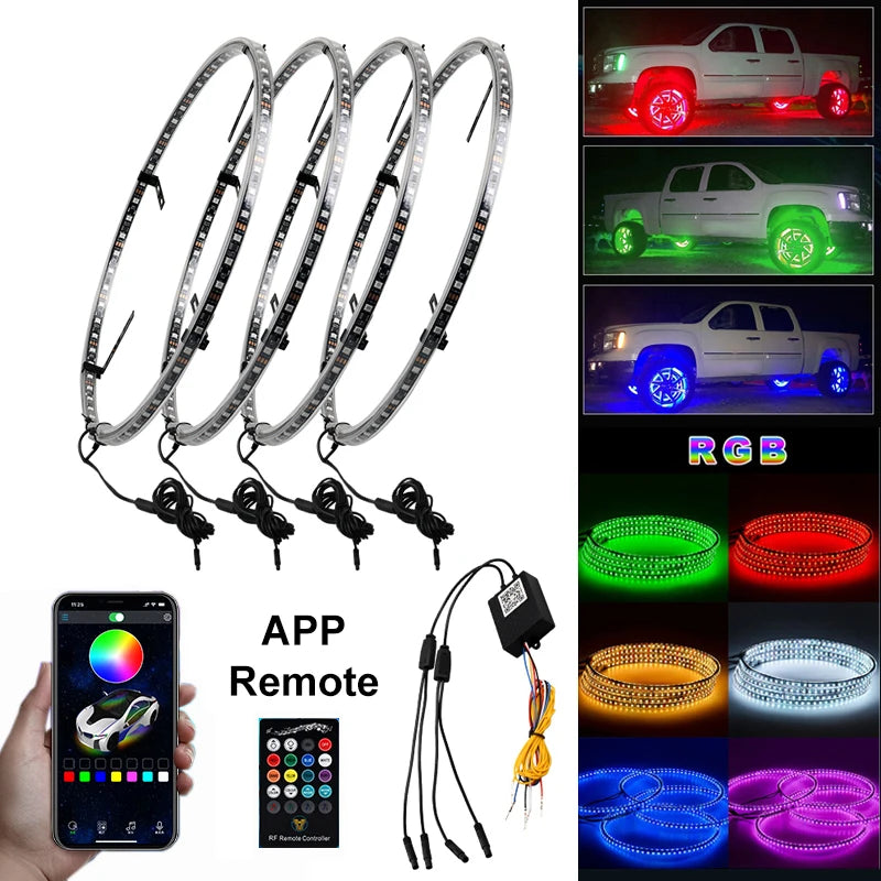4Pcs APP/Remote Car Hub Light For 15.5/17/19 in Wheel Decorative Lamp Waterproof 12V LED With Brake Steering Phantom Neon Lamp
