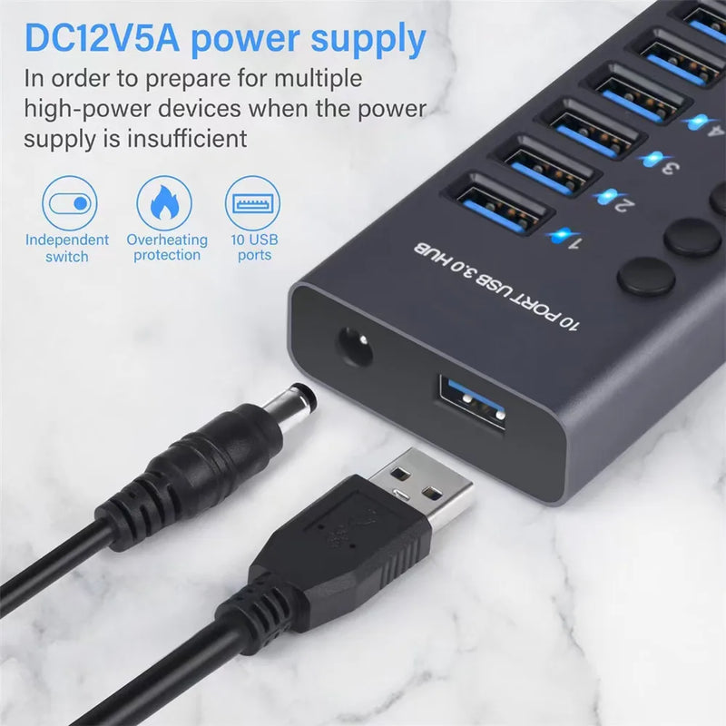 MZX USB A 3.0 Hub Aluminum Multi Ports Splitter Concentrator Quick PD Charger Power Adapter C Multiple Expander Hubs With Switch