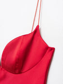 HH 2025 Women Red V-Neck Holiday Style Satin Texture Long Dress Sleeveless Summer Women's Back Zipper Fashion Sling Dresses