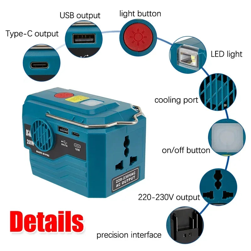 200W Power Inverter AC 220V Outdoor Mobile Lithium Battery Inverter For Makita/DeWalt/Milwaukee/Bosch 18V-20V Battery